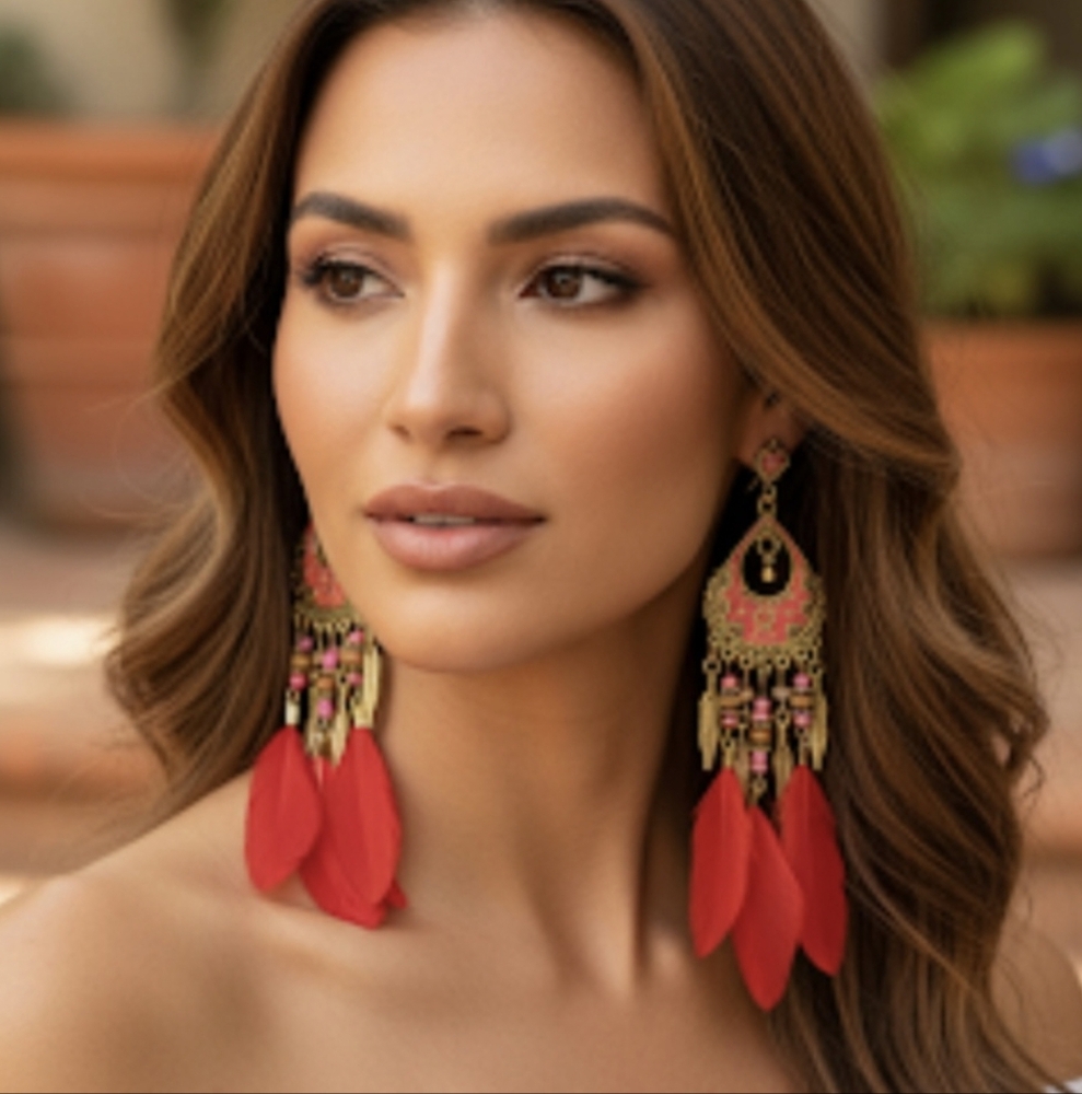 Feather earrings for women, vintage bohemian style with dreamcatcher .5 Inches